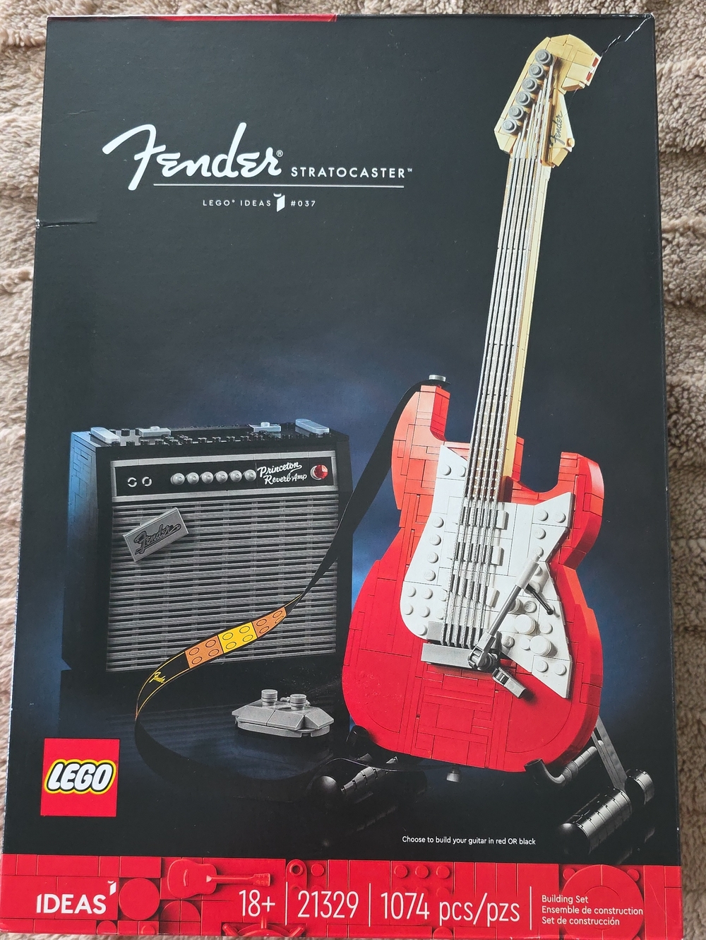 Lego Fender Stratocaster Guitar Building Set in Red, White, Tan and Black